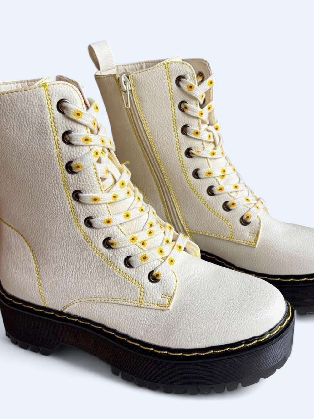 UNIONBAY Cream Combat Boots with Yellow Stitching